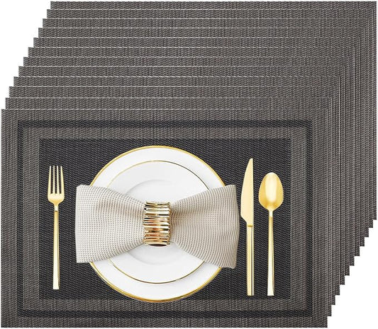 Placemats Set of 12 Washable&Wipeable Place mats for Dining Table Kitchen Indoor Outdoor Table Mats Heat Resistant Non Slip Woven Vinyl Table Placemats (Black，12PCS)