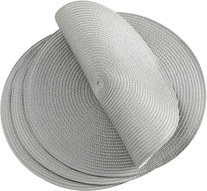 Round Placemats, Crossweave Heat Resistant Classic Woven Round Place Mats Diameter 13.5 inch for Kitchen Table Set of 6 (Light Gray)