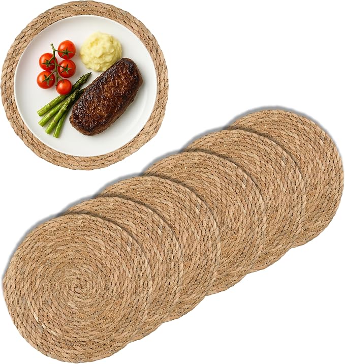 Round Woven Placemats Set of 6, 12" Boho Rattan Placemats Natural Hand-Woven Place Mats Table Decor, Farmhouse Place Mats, Chargers for Dinner Plates, Wicker Table Mats for Dining Table, Home