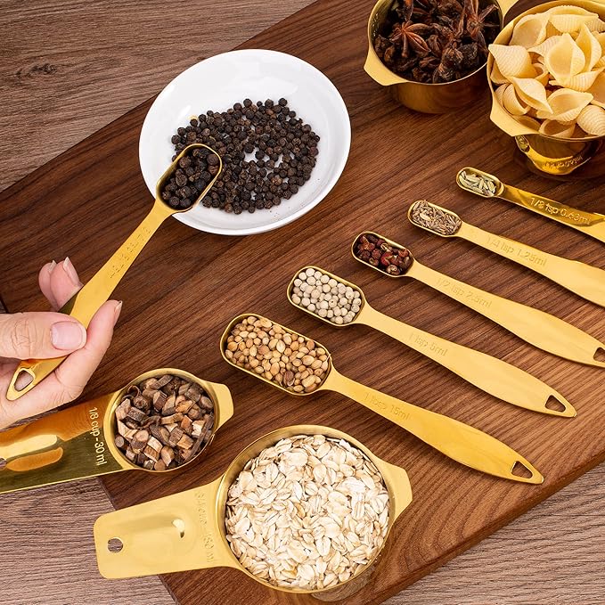 13‑Piece Stainless Steel Measuring Cups and Spoons Se18/8 Professional Grade, Engraved US & Metric Measurements for Dry and Wet Ingredients, Durable Kitchen Set for Baking and Cooking, Gold