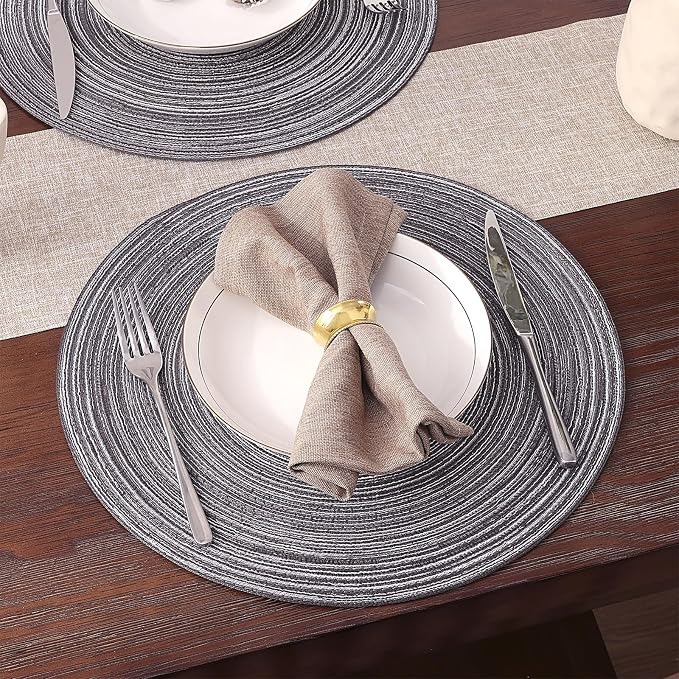 SHACOS Round Placemats Set of 4 Round Braided Placemats 15 inch Cotton Polyester Woven Table Placemats for Dining Table Holiday Party (Black Grey, 4)