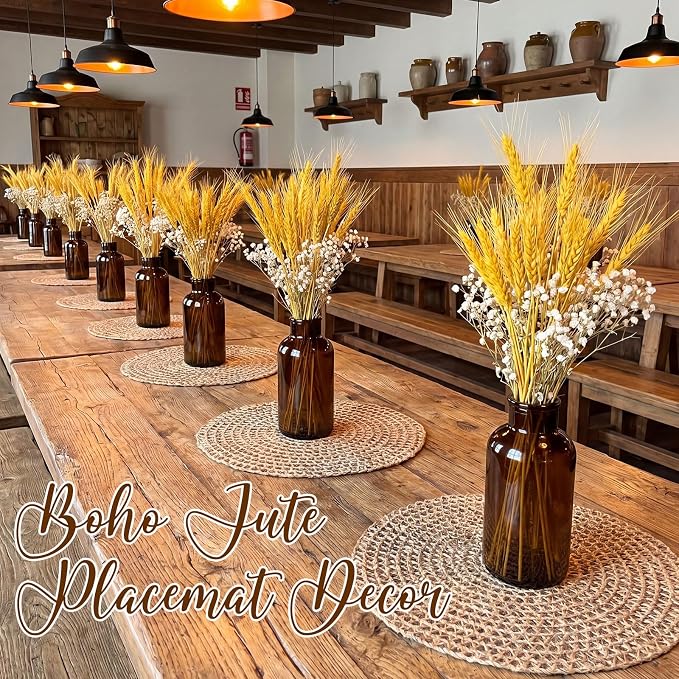 15 Inch Round Burlap Placemat Set of 6 Boho Jute Woven Charger Bulk Rustic Vintage Natural Brown Heat Resistant Dining Table Mat for Wedding Farmhouse Home Kitchen Summer Outdoor Decoration