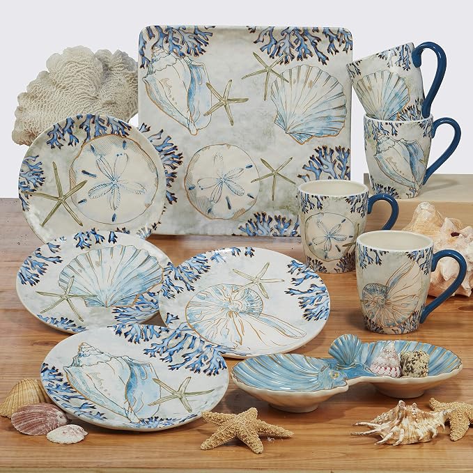 Playa Shells Coastal Ceramic Mugs 18 oz, Set of 4 – Ocean-Themed Coffee Tea Cocoa Cups with Shell & Coral Art – Perfect for Beach House, Nautical Decor, Gifting, Everyday Use, or Hot Beverages