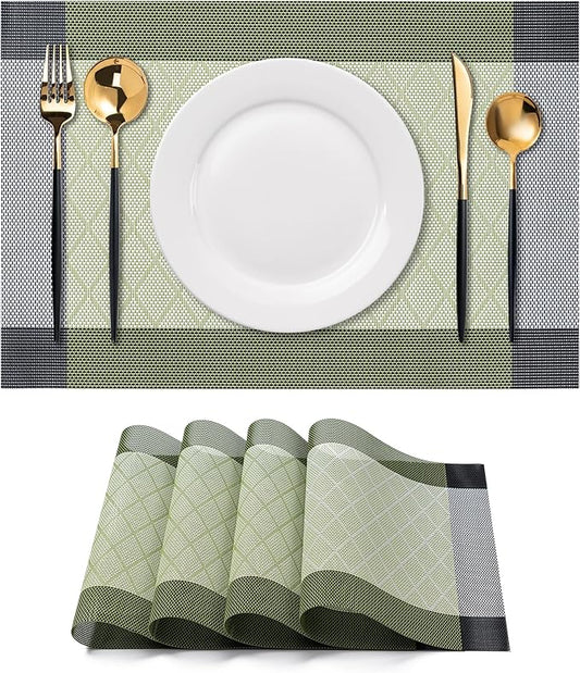 CADONO Placemats Set of 4 Washable Indoor/Outdoor Vinyl Place Mats for Dining Table Durable Non-Slip Heat Resistant PVC Weave Table Mats（Rhombus-Green）