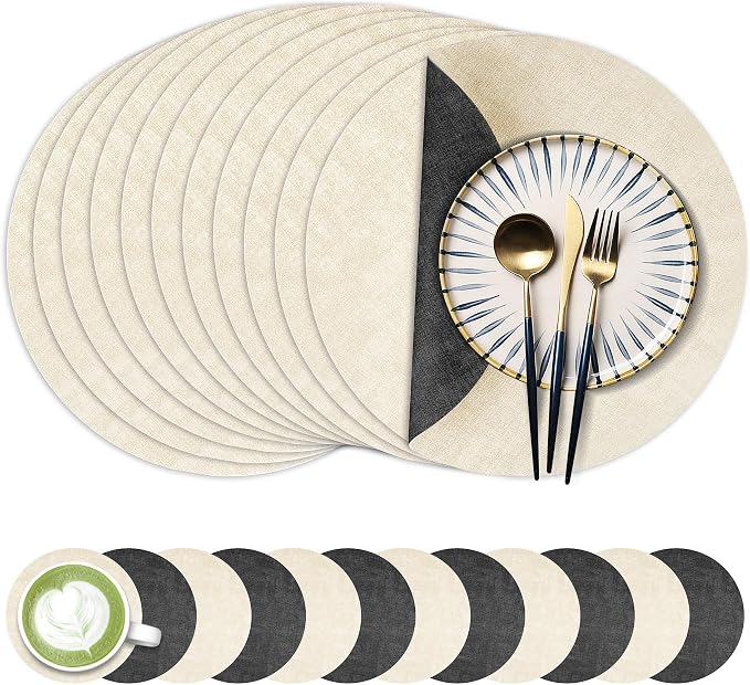 13-Inch Faux Leather Round Placemats Set of 12, Waterproof Anti-Slip Dual Sided Place mats, Heat Resistant Washable Table Mats with Coaster, Suitable for Indoor & Outdoor (12, Black Beige)