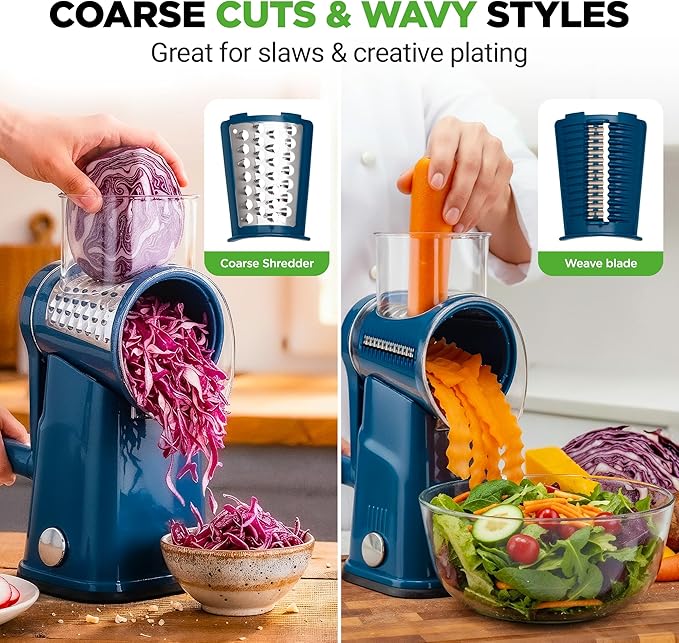 NutriChef 5 in 1 Cheese Grater & Shredder | 5 Different Blades for Thin, Thick, Julienne Strips, Wavy, & Straight Strips | Includes Hand Crank, Strong Suction Base & Storage Container | Blue