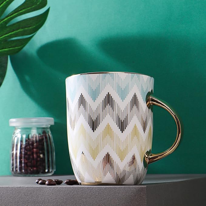 Femora Handcrafted Ceramic Coffee Mugs Indian Golden Design Set of 2 (10 oz), Cappuccino & Latte Cups, Espresso Mugs