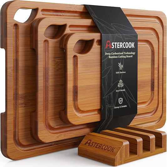 Astercook Deep-Carbonized Bamboo Cutting Boards for Kitchen with Wood Storage Stand, Reversible Charcuterie & Chopping Boards with Juice Grooves and Easy-Grip Handles, Mothers Day Gifts