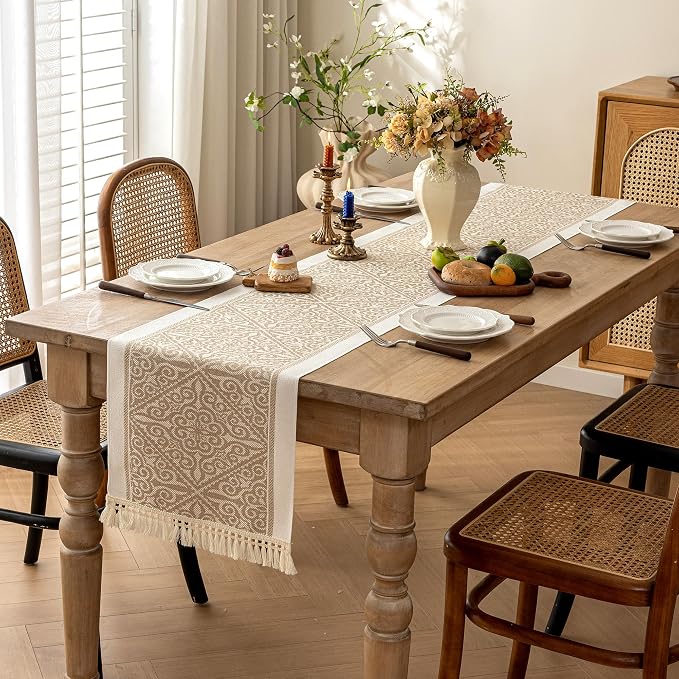 Spillproof Boho Table Runner with Tassels, Nordic Norland Woven Linen Textured Dresser Scarf, Heavy Duty Water Resistant Farmhouse Decor for Dining and Coffee Table, Beige, 14x72 Inches