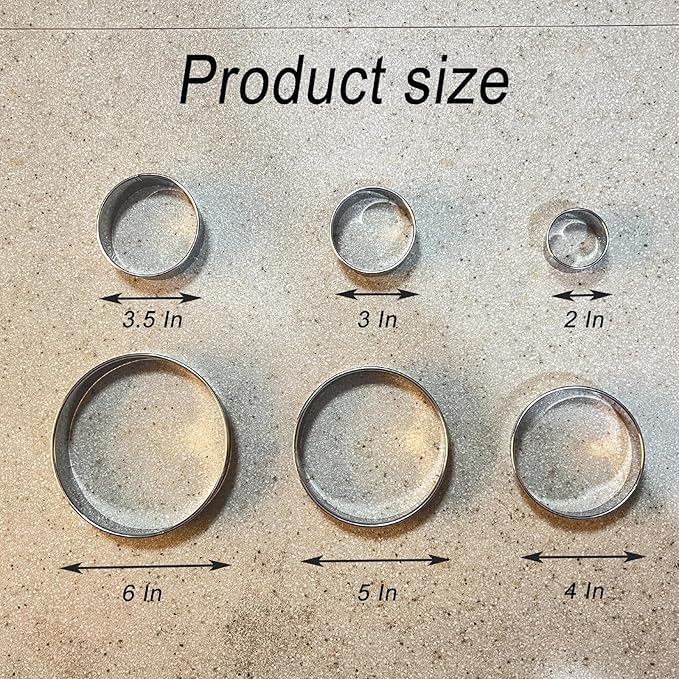 6 Pcs Round Cookie Cutters Set - 2,3,3.5,4,5,6 Inch Stainless Steel Biscuit & Pastry Cutters for Baking, Donut, Sandwich Making - Dishwasher Safe & Rust-Proof