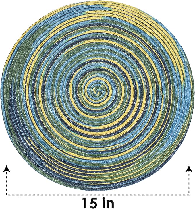 DOZZZ Round Placemats Farmhouse Boho Placemats 15 inch Set of 6 Braided Colorful Rainbow Woven Heat Resistant Place Mats Table Mats Blue 1 Pack