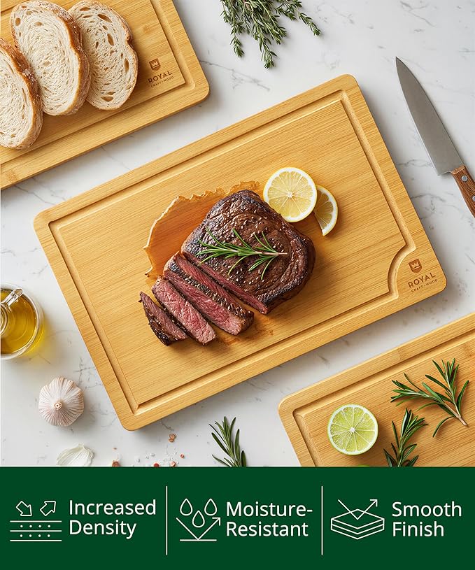 ROYAL CRAFT WOOD Wooden Cutting Boards for Kitchen Meal Prep & Serving - Bamboo Wood Serving Board Set with Deep Juice Groove Side Handles - Charcuterie & Chopping Butcher Block for Meat