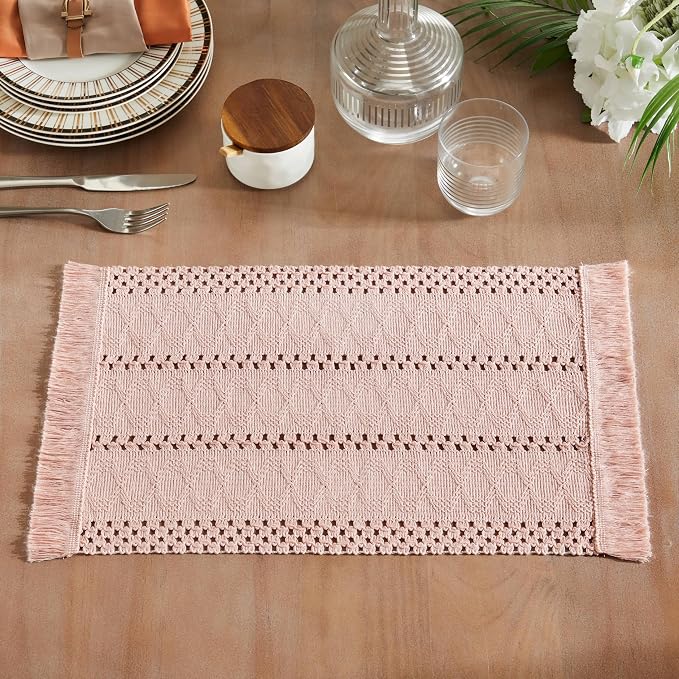 ZeeMart Macrame Style Boho Placemats Set of 4, Light Pink 12x20 Inch | Decorative Farmhouse Table Mats, Natural Cotton Woven Place Mats, Bohemian Home Decor for Kitchen Dining Table