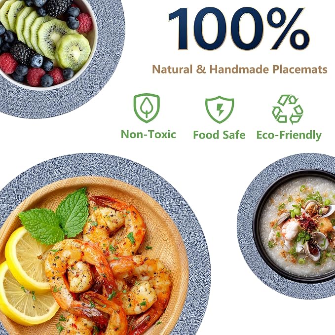Round Woven Placemats Set of 6, 13.4 Inches Cotton Round Placemats, Heat Resistant Washable Table Mats for Indoor & Outdoor Dining Table Decor