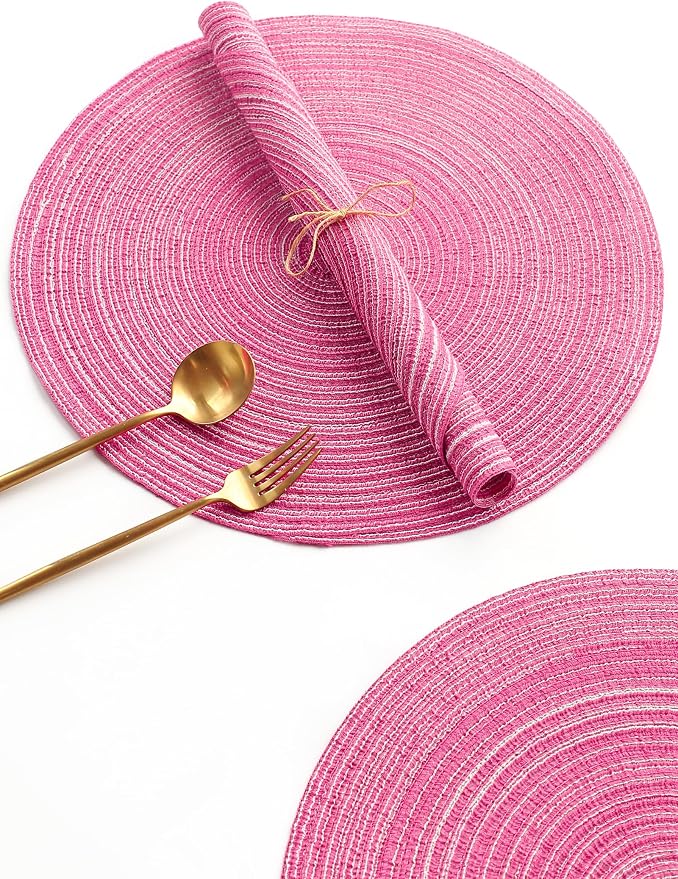 Floroom 15 Inch Round Braided Placemats Set of 6, Washable Heat Resistant Cotton Polyester Circle Place Mats for Kitchen Dining Table - Berry Pink