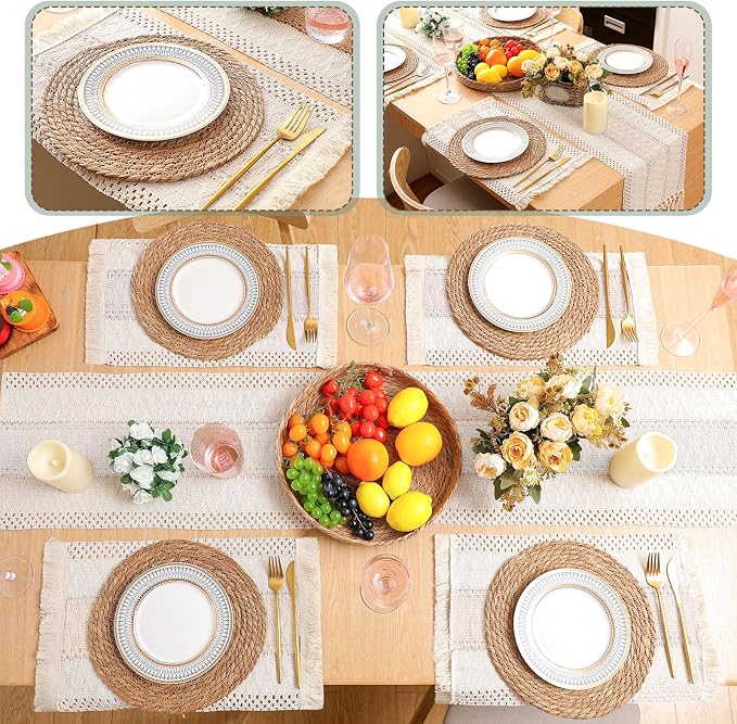 Boho Placemats 4/6/8 Set of Round Woven Placemat Macrame Style Bicolor Stitching Long Table Runner Farmhouse Rustic Natural Burlap Cotton for Kitchen Dining Table(4 Sets,Beige,12x72)