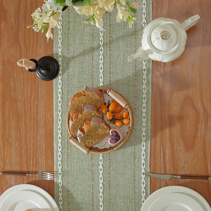 Niviy Sage Green Boho Cotton Linen Table Runner, Farmhouse Woven Table Runners Spring Holiday Kitchen Dining Table Decoration for Home Party Decor 13 x 72