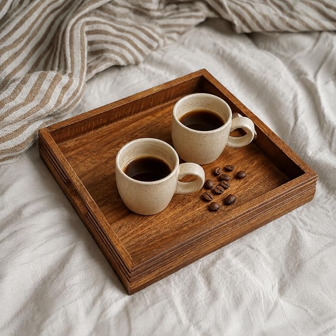 Croft&Cane Solid Wood Serving Tray - 13 x 13 Inch Square Decorative Ottoman Tray - Hand-Carved Ribbed Design - Natural Wood Tray with Handles for Coffee Table, Kitchen, Breakfast & Home Décor