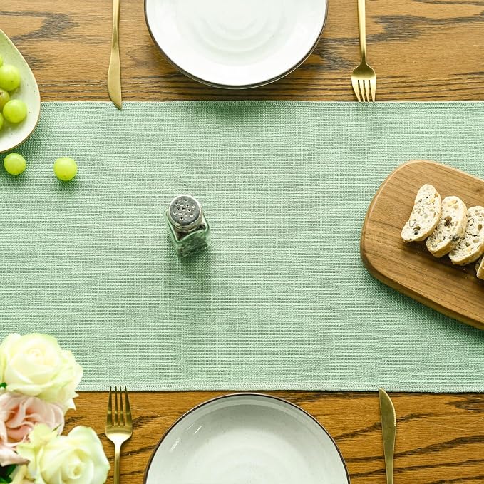 Artoid Mode Sage Green Tassel Table Runner, Spring Linen Blend Rustic Farmhouse Style Kitchen Table Decoration Holiday Wedding Party Dinning Decor 13x48 Inch