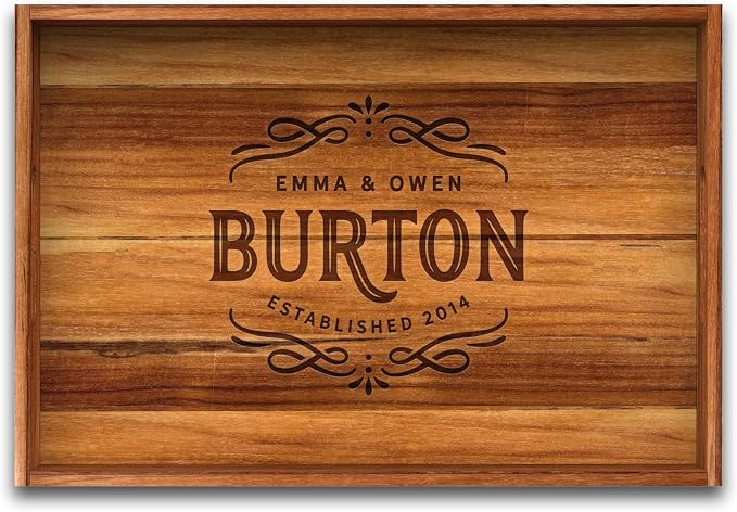 Wooden Teak Tray with Handles - Engraved First Last Names and Established Year