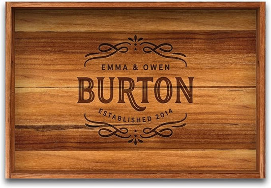 Wooden Teak Tray with Handles - Engraved First Last Names and Established Year