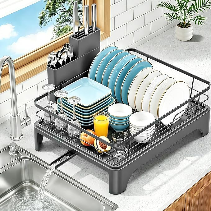Dish Drying Rack for Kitchen Counter, Dish Rack, Dish Drainer for Kitchen with Built-in Drain, Stainless Steel Sink Organization and Storage Essentials with Cutlery Holder (17" x 13.4", Gray)