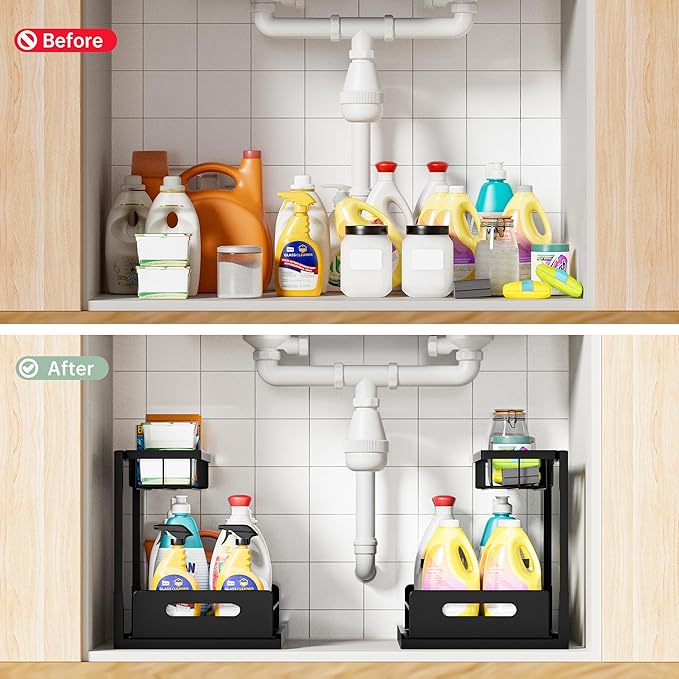 VUSIGN Under Kitchen Sink Organizer 2 Tier, Pull Out Bathroom Sink Organizers and Storage, Cabinet Kitchen Bathroom Storage Organization Shelf, 1 Pack Black