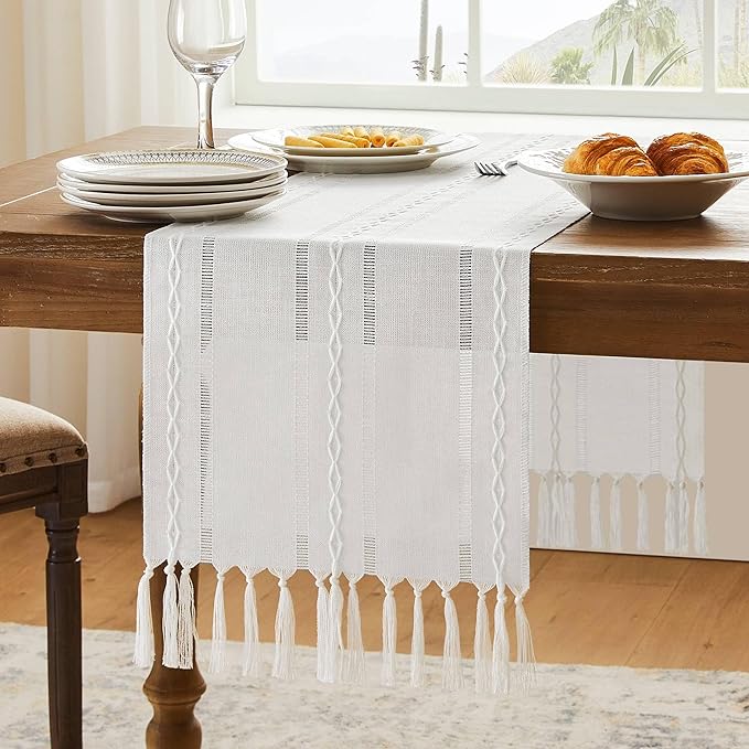 Christmas Table Runner, White 13x108 Inch, Hemstitched Farmhouse Cotton Linen Boho Table Runners 108 Inches Long, Embroidered Striped Rustic Home Decor