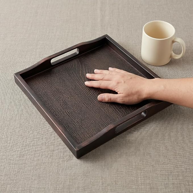Bam & Boo Square Plastic Serving Tray 8.25" x 8.25" x 1" with Handles Wood Grain Texture Padded Bottom