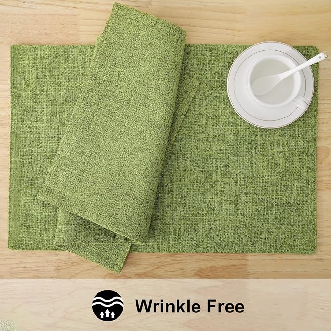 homing Faux Cotton Linen Placemats Set of 6, Cloth Washable Farmhouse Dining Table Mats for Indoors & Outdoors, Easy to Clean, Grass Green, 13 x 19 Inch
