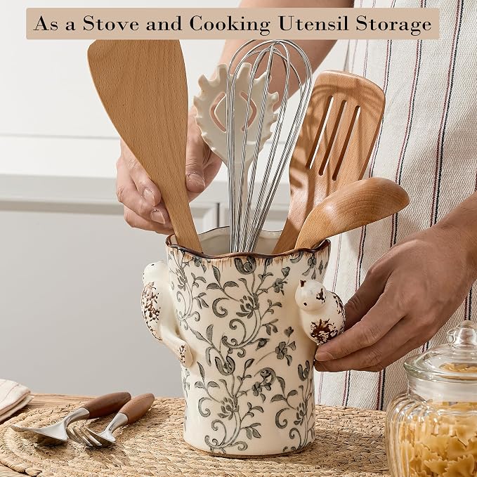 6.34'H Utensil Holder for Kitchen Counter, Modern Farmhouse Cooking Utensil Holder and Crock Home Kitchen Decor, Ceramic Utensil Organizer for Spatula, Ladle, Rolling Pin- Gray Flower Patterns