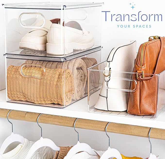 primebox Plastic Clear Stackable Storage Bins with Lids. Great for Pantry or Kitchen Organization. Fridge Organization Containers. Cabinet, Bathroom Organizer. 2 Pack