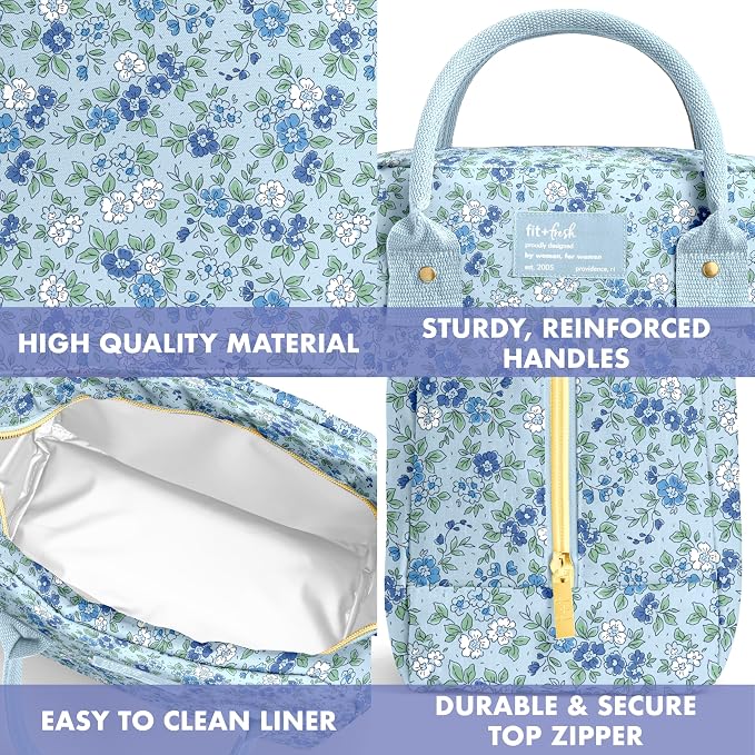 Fit & Fresh Bloomington Lunch Bag for Women - Insulated Large Lunch Box for Work with Containers, Leak-Resistant, Stain-Resistant, Zipper Closure, Ditsy Flowers Blue