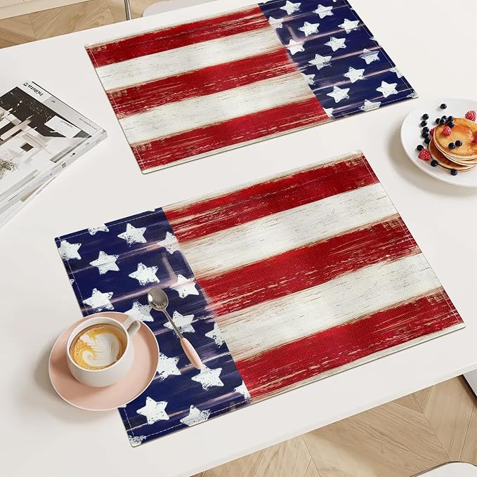 Bloss Patriotic 4th of July Placemats Set of 6, Memorial Day 12" x 18" Linen Table Mats for Party Kitchen Dining Decoration, Retro Vintage Independence Day Disposable Place Mats
