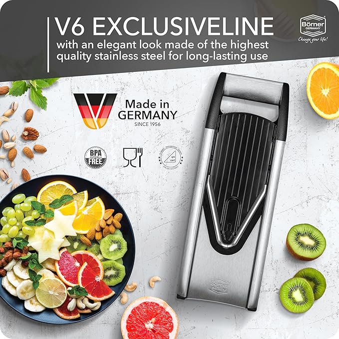 Börner by Reston Lloyd Mandoline Slicer V6 (Starter Set) • Stainless Steel Slicer with V-Blade • Adjustable Kitchen Slicer for Vegetables & Fruits • Various Thicknesses & Grater