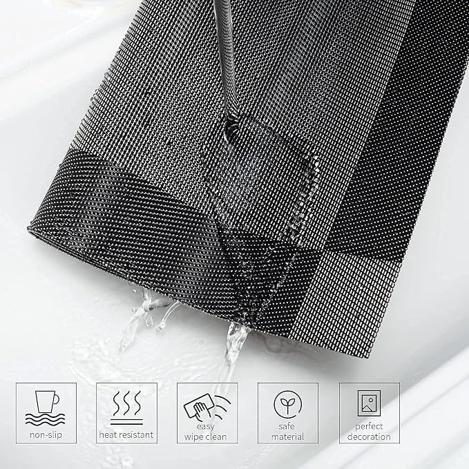 AHHFSMEI Placemats Set of 6 Washable Woven Vinyl Placemats for Dining Table Heat Resistant Non-Slip Stain Resistant Table Mats for Kitchen & Home Decor(Black Corner,6)