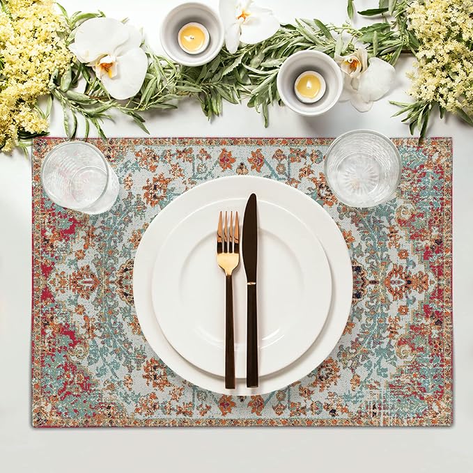 Ethnic Boho Placemats Set of 4 Bohemian Carpet Vintage Black Coral Floral Linen Washable Kitchen Dining Table Mats Stain Heat-Resistant Desktop Decor Place for Home Party Indoor 12x18 in