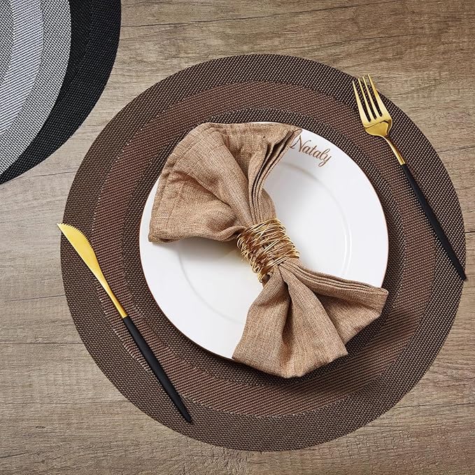 PIGCHCY Round Placemat Set of 6 Heat Resistant Vinyl Washable Kitchen 15 inch Placemats for Home Indoor Outdoor Party (Coffee Brown)