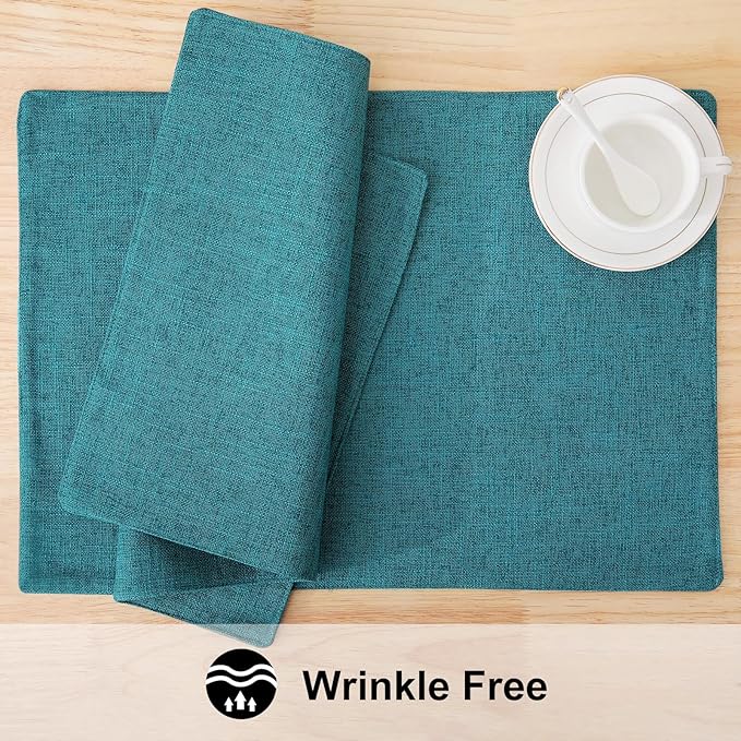 homing Faux Cotton Linen Placemats Set of 8, Cloth Washable Farmhouse Dining Table Mats for Indoors & Outdoors, Easy to Clean, Teal, 13 x 19 Inch