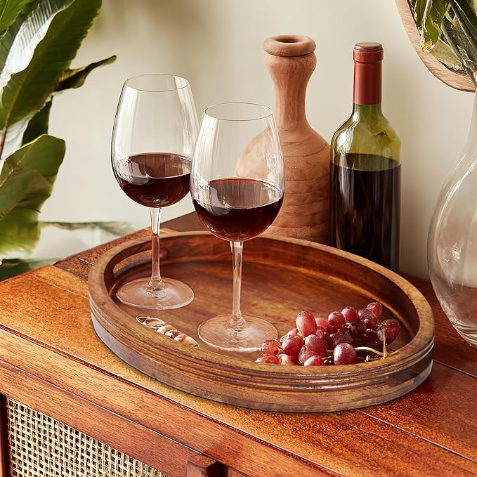 Croft&Cane Solid Wood Serving Tray - 16.75 x 12.5 Inch Oval Decorative Ottoman Tray - Hand-Carved Ribbed Design - Natural Wood Tray with Handles for Coffee Table, Kitchen, Breakfast & Décor