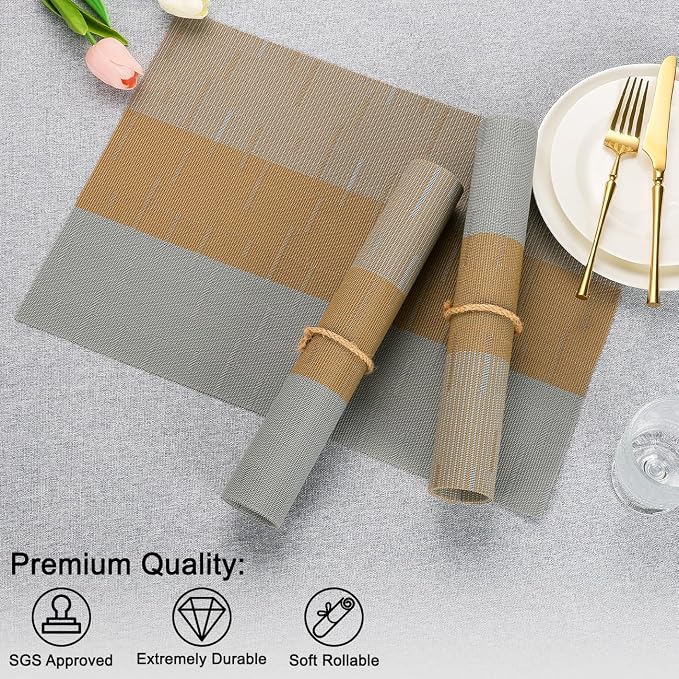 Placemats Set of 6, Vinyl Woven Place Mats Indoor Set of 6 Washable Wipeable PVC Table Mats Heat-Resistant Non Slip Placemat for Kitchen Dining Outdoor Table (Gray Light Brown, Set of 6)