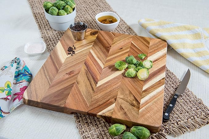 Lipper International Acacia Herringbone Square Cutting and Serving Board with Inset Handles for Chopping Meats, Fruits and Vegetables, 14" x 14" x 1" Thick