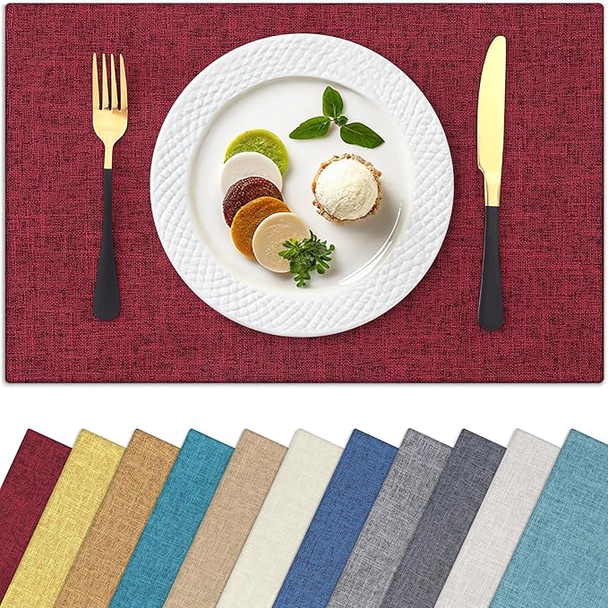 Homaxy Cloths Placemats for Dining Table Set of 8, Heat Resistant Washable Cotton Linen Blend Table Mats, Easy to Clean Place Mats for Indoor Outdoor Party Kitchen Decoration, 13" x 19", Red