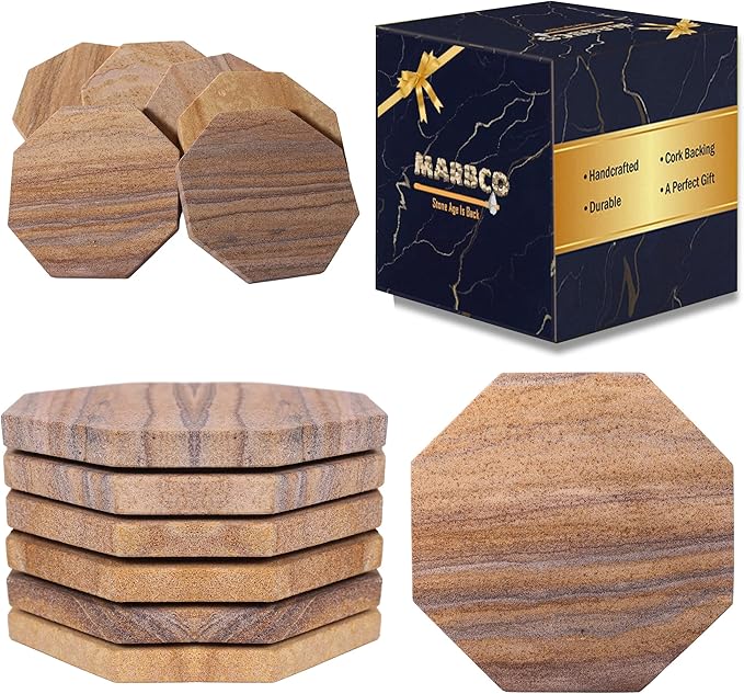 Sandstone Water Absorbent Hand Crafted Octagon Coasters for Drinks- Set of 6-4 inches Wide Thirsty Stone bar/Drink Coasters Made from Real Solid Stone (Without Holder, Set of 6)