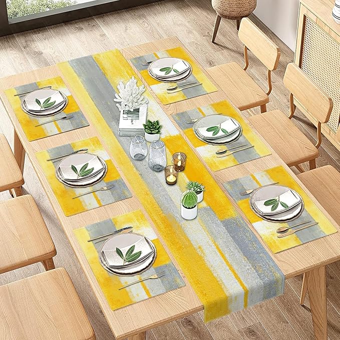 Emvency Yellow Abstract Table Runner and Placemats Set of 6, Modern Grey White Painting Art Dining Decor for Daily Use(1 Table Runner 72 inches Long and 6 Placemats)