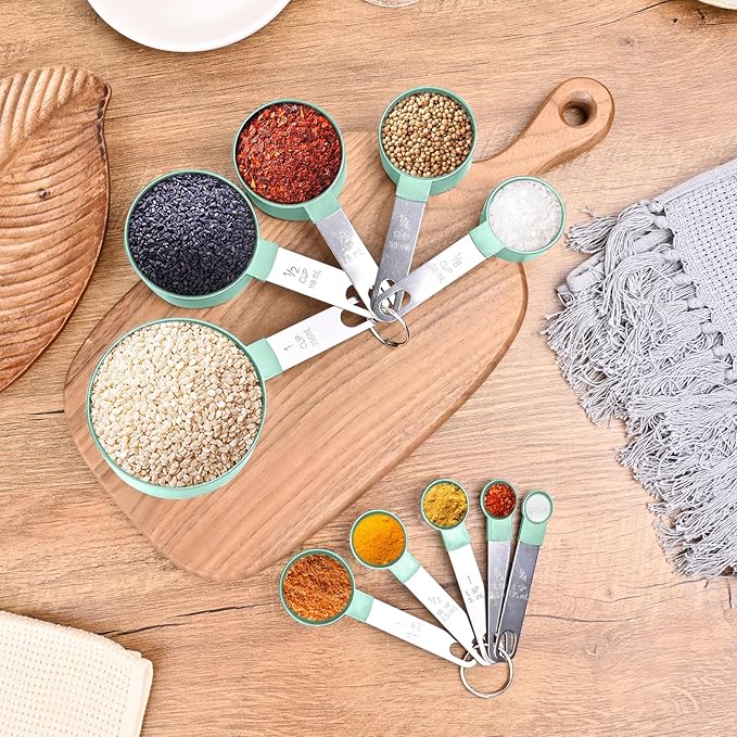 Measuring Cups and Spoons Set, 10 Pieces Nesting Measure Cups and Spoons, Kitchen Essentials Gadgets with Stainless Steel Handle for Dry & Liquid Ingredient (Lake Green 10 Pcs)