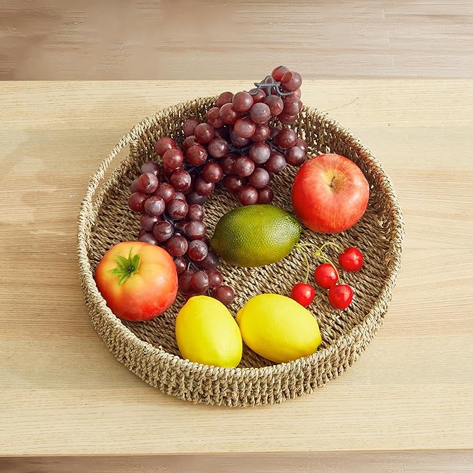 JS HANGER 13" Hand-Woven Round Rattan Serving Tray Decorative Wicker Trays with Built-in Handles for Coffee Table, Natrual Grass Storage Tray