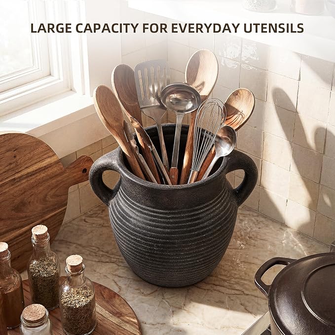 Rustic Utensil Holder for Kitchen Counter - Large Ceramic Farmhouse Cooking Utensil Crock & Organizer for Spatula, Spoon-Vintage Kitchen Decor (Charcoal)