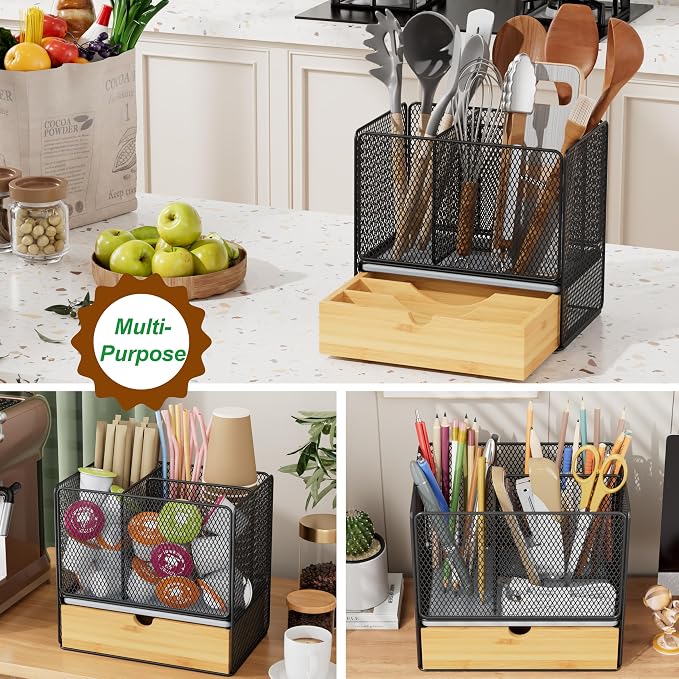Utensil Holder, 2-in-1 Kitchen Utensil Holder with Silverware Drawer Organizer for Countertop, 3 Compartments Cooking Utensil Holder with Diatomaceous Earth Base for Kitchen Counter, Black