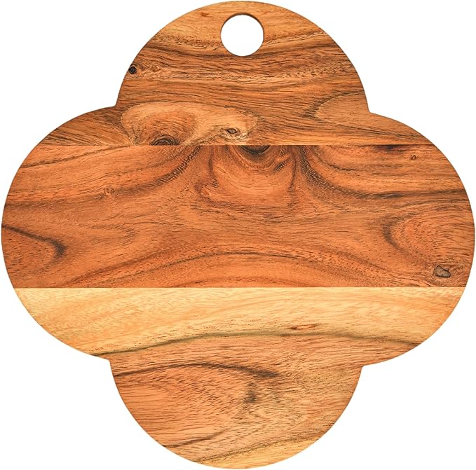 Treen Art Wooden Christmas Cutting Board for Kitchen Decor, 11"L x 11"W Four Round Leaf Acacia Wood Chopping Board with Hanging Hole, Serving Charcuterie Platter